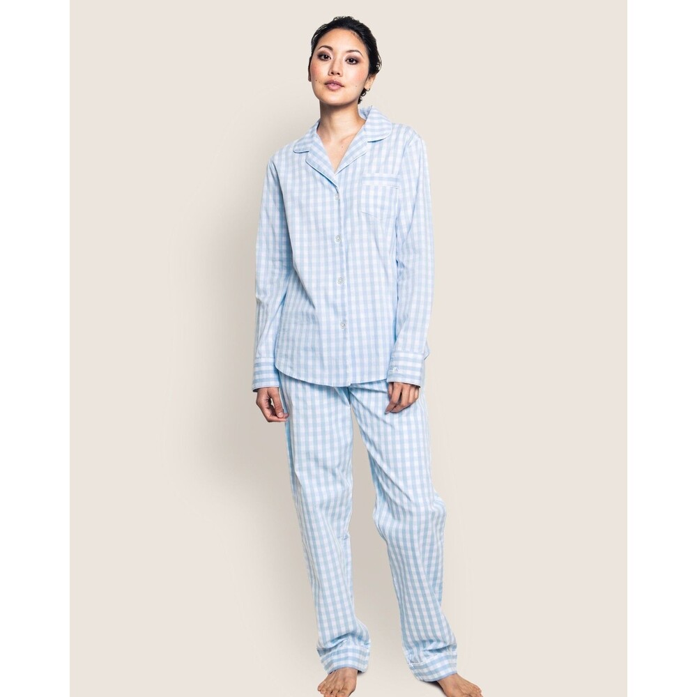 Petite Plume Pajama Set Size Large Blue White Checked Long Sleeve Pants Womens
